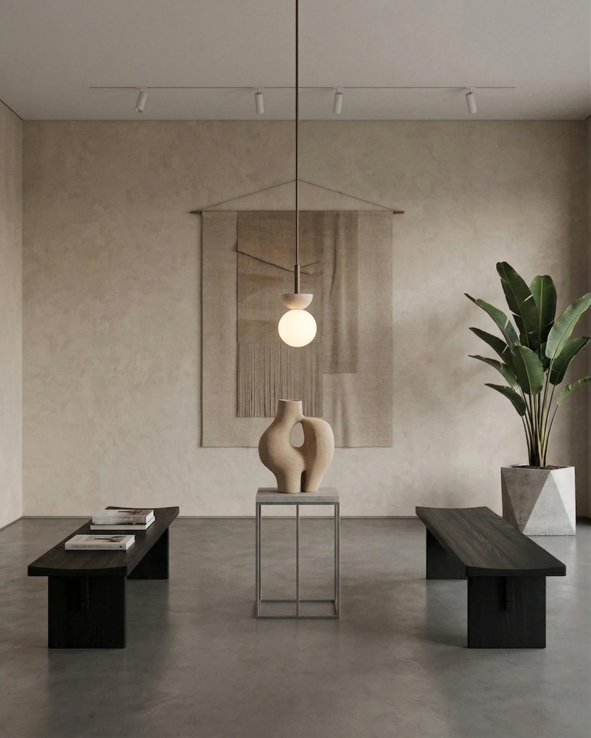 Travertine pendant light SOVA No.04 lit in a minimalist room with black benches, a sculpture and a potted plant