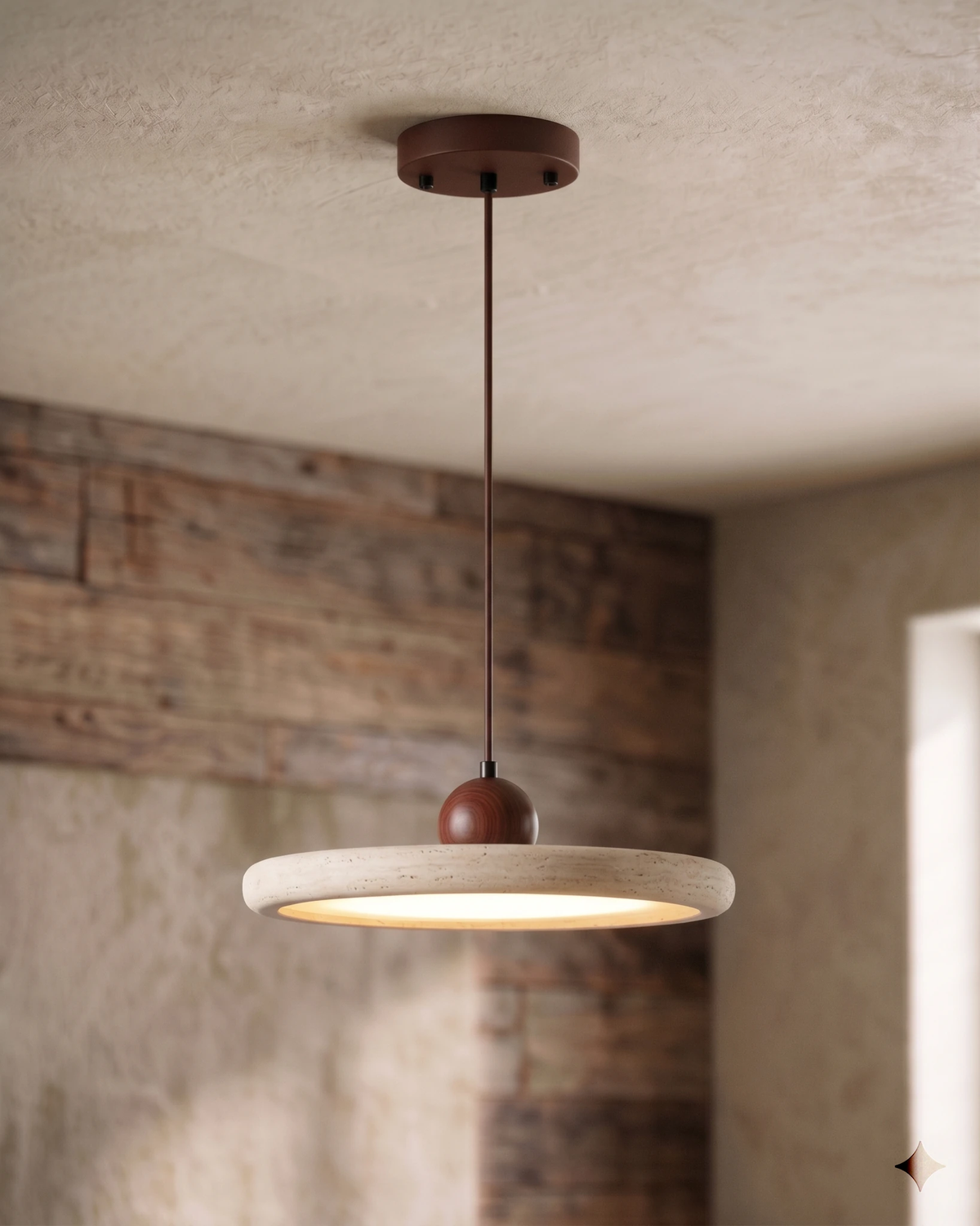 Travertine pendant light TONDO No.02 lit from a walnut canopy against a reclaimed wood plank wall