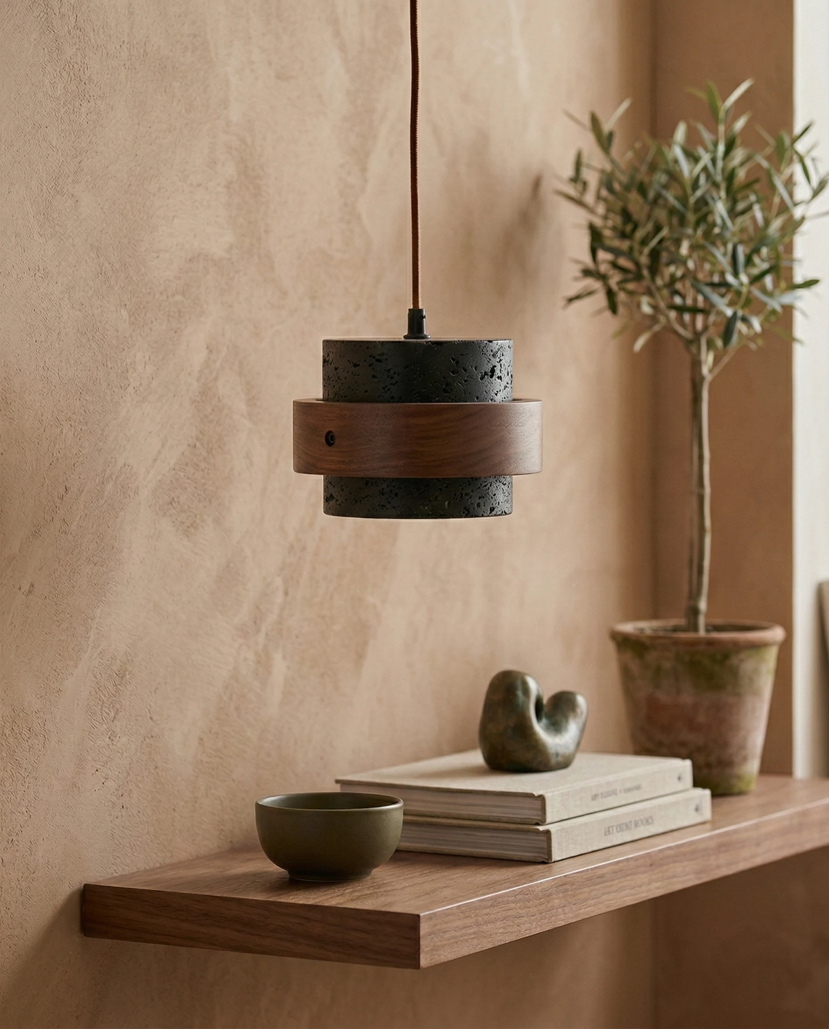 Travertine pendant light AVORIO No.05 in volcano black, hanging above a walnut shelf with an olive tree and books