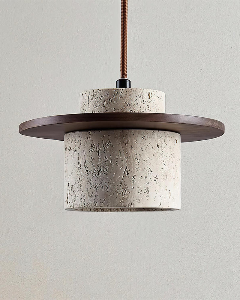 Travertine pendant light TONDO No.03 with walnut disc cap hanging from a braided brown cord, front view