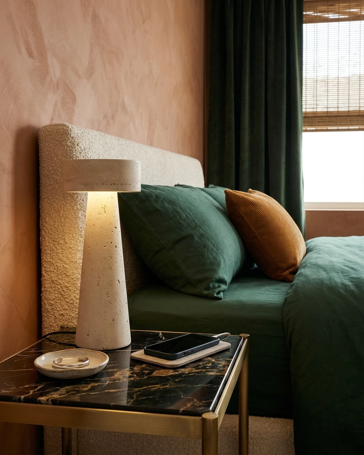 Travertine table lamp MORA No.02 lit on a marble and brass nightstand beside a bed with green bedding