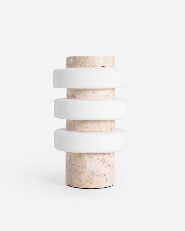 Travertine table lamp PIETRA No.05, cream travertine column with three white acrylic rings, unlit