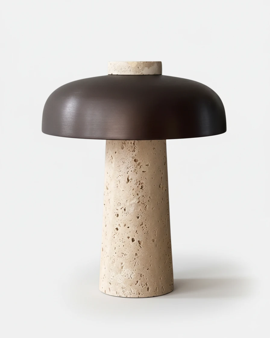 Travertine table lamp ROCCA No.03, cream travertine column topped with a dark bronze mushroom shade, unlit