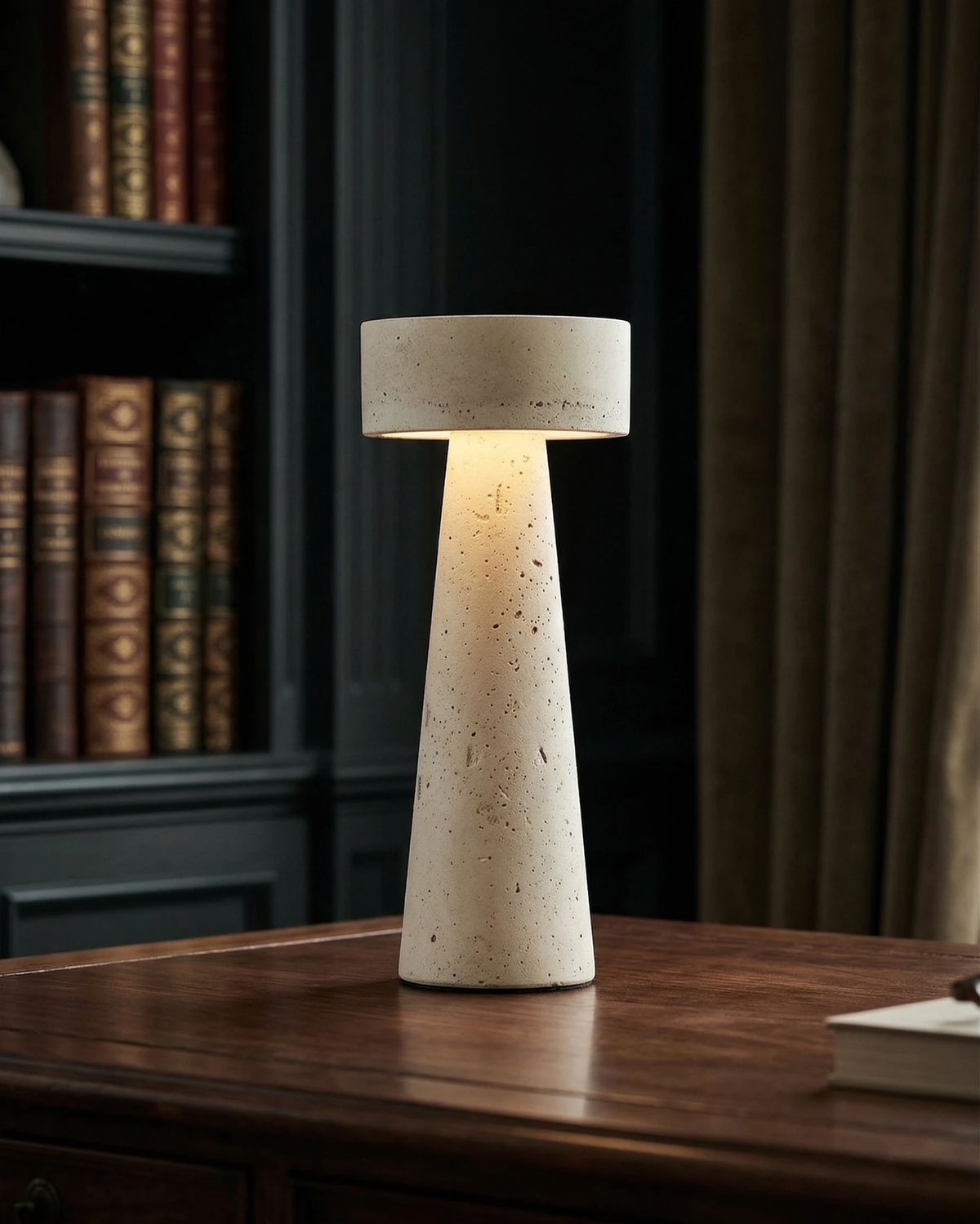 Travertine table lamp MORA No.02 switched on atop a dark wooden desk in front of a bookcase full of books