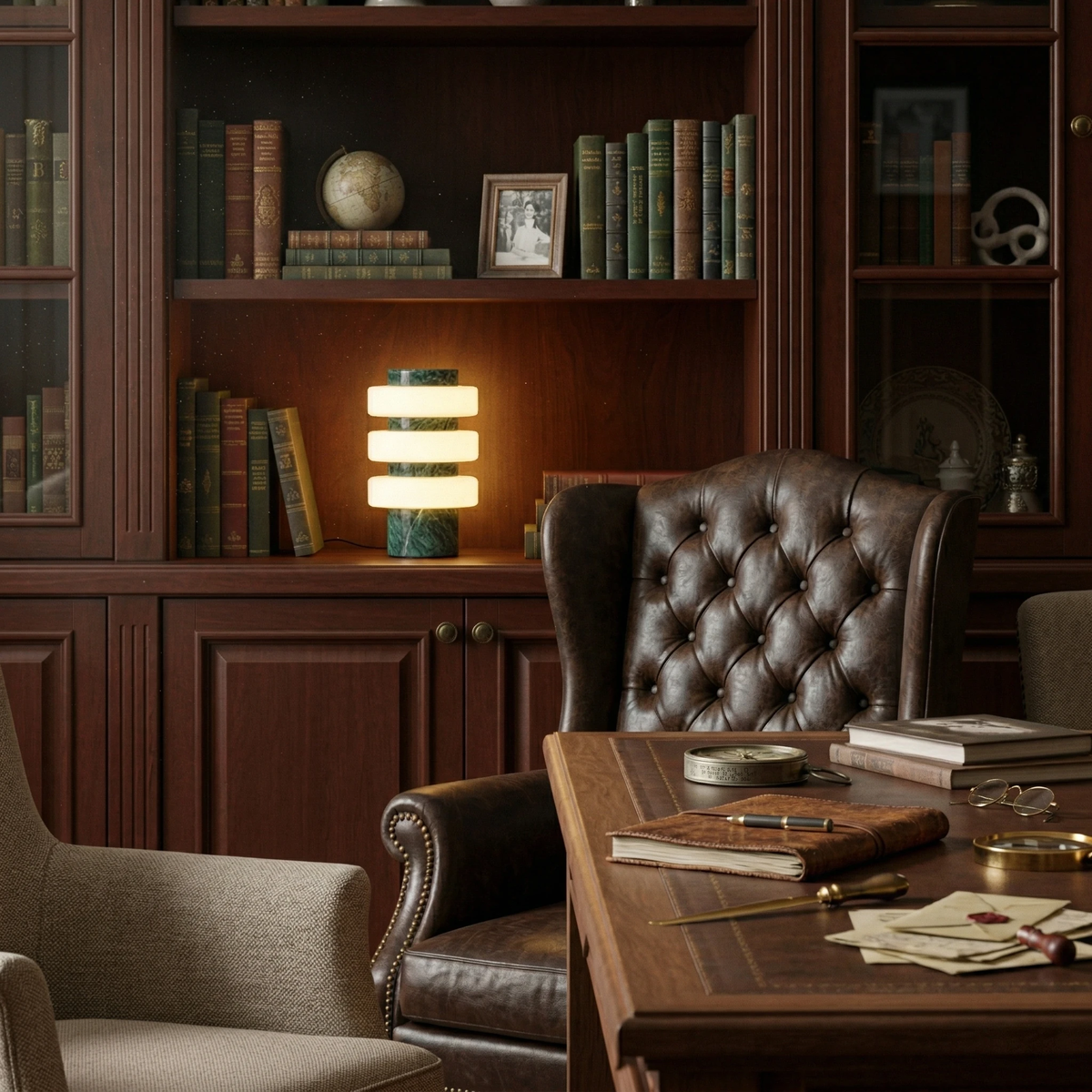 Travertine table lamp PIETRA No.05 in emerald marble lit on a desk in a wood-paneled study with a leather chair