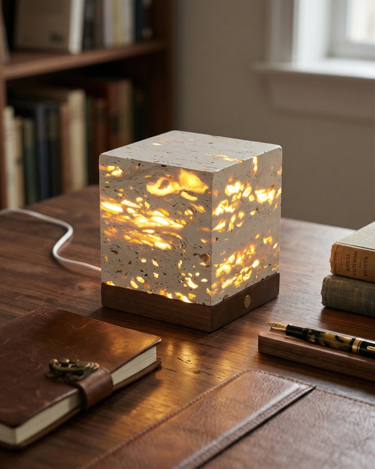Travertine table lamp MORA No.05 switched on atop a wooden desk with books and a notebook in front of bookshelves