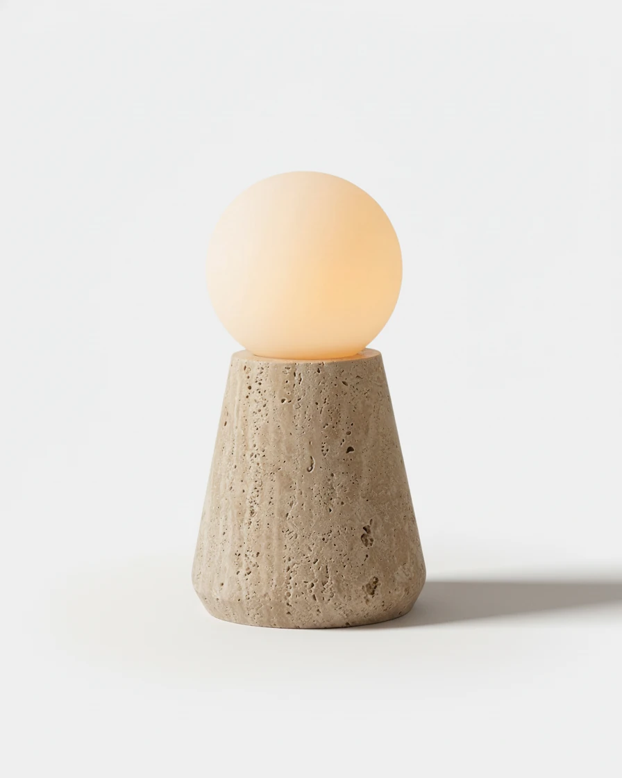 Travertine table lamp MORA No.04 Conical in Cream Travertine, tapered stone plinth topped with a glowing opal globe
