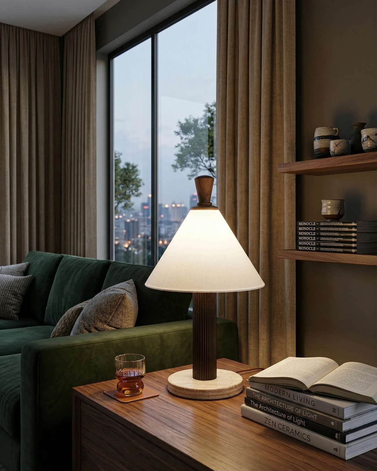Travertine table lamp IMOLA No.01 switched on atop a wood console by a window at dusk near a green sofa