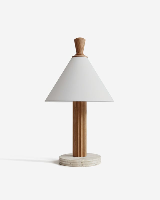 Travertine table lamp IMOLA No.01 in natural wood, fluted stem on a travertine base with a white linen cone shade