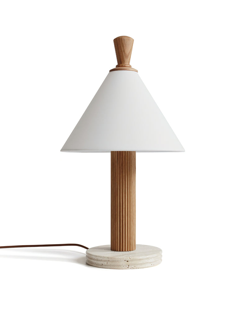 Travertine table lamp IMOLA No.01 natural wood fluted stem, travertine base and linen shade with cord, unlit
