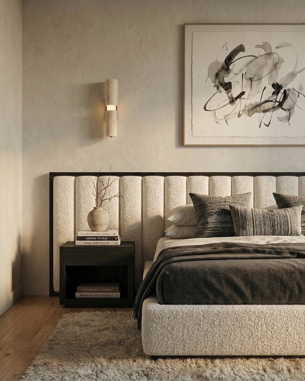Travertine vanity light NOTTI No.01 lit beside a channel-tufted headboard with an abstract print above