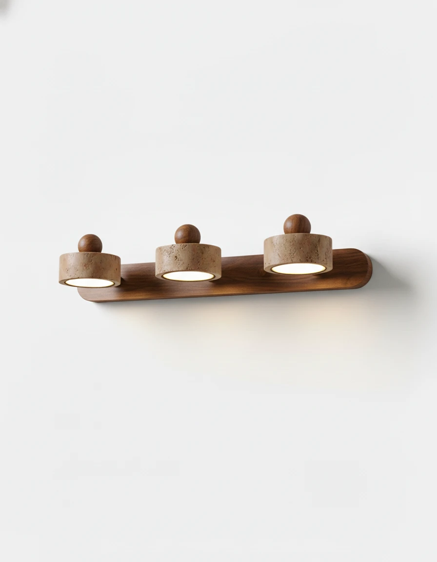 Travertine vanity light PIETRA No.02, triple head with three drums on a dark walnut bar, unlit