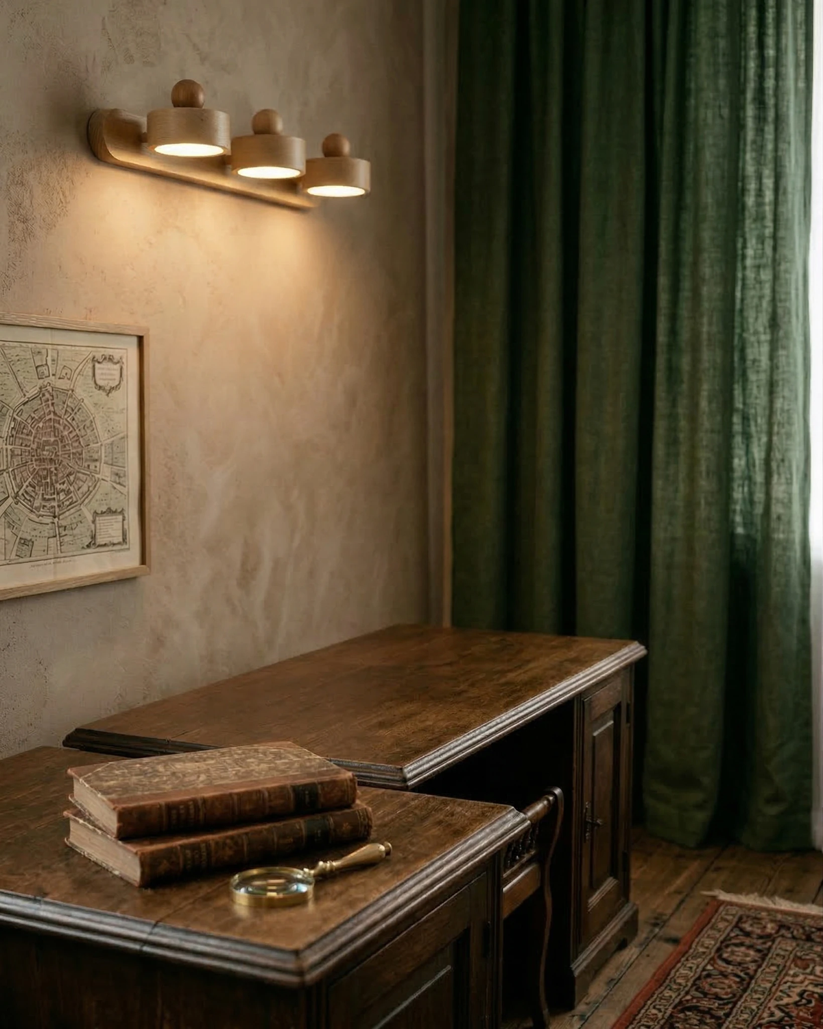 Travertine vanity light PIETRA No.02, triple head bar lit above an antique wooden desk with old books
