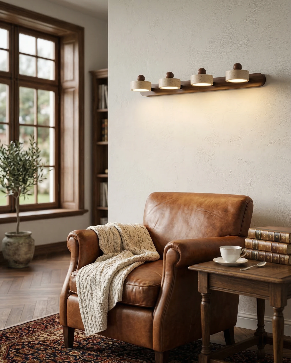 Travertine vanity light PIETRA No.02, four-head bar lit on a wall above a brown leather armchair by a window
