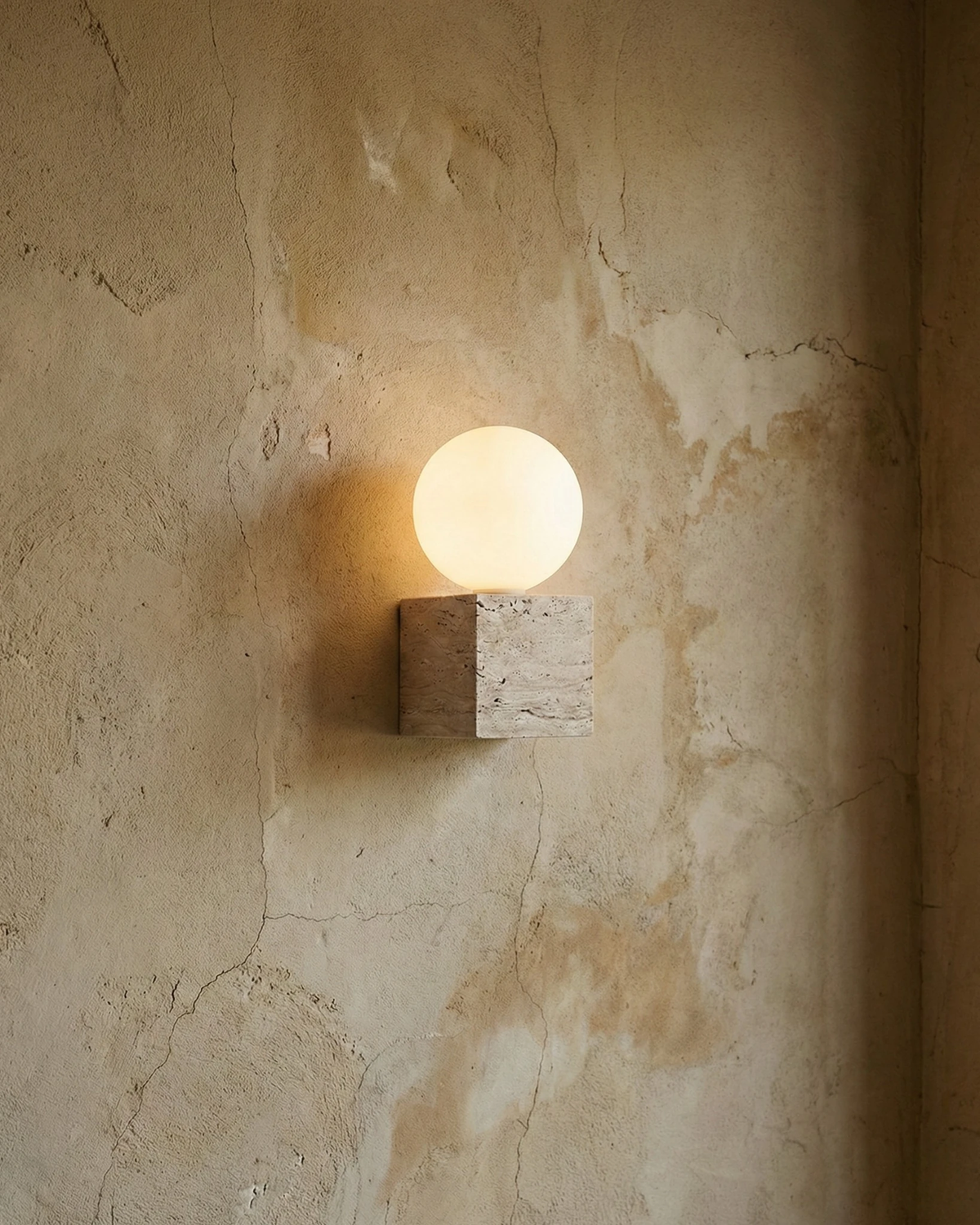 Travertine vanity light MODENA No.01, travertine cube and glowing opal globe on a marbled plaster wall
