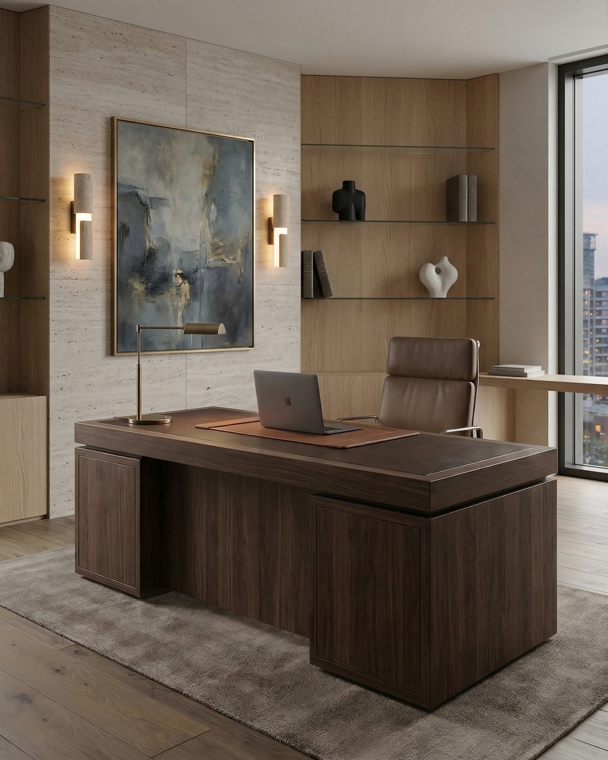 Two travertine vanity lights NOTTI No.01 lit beside a painting above a walnut desk in a home office