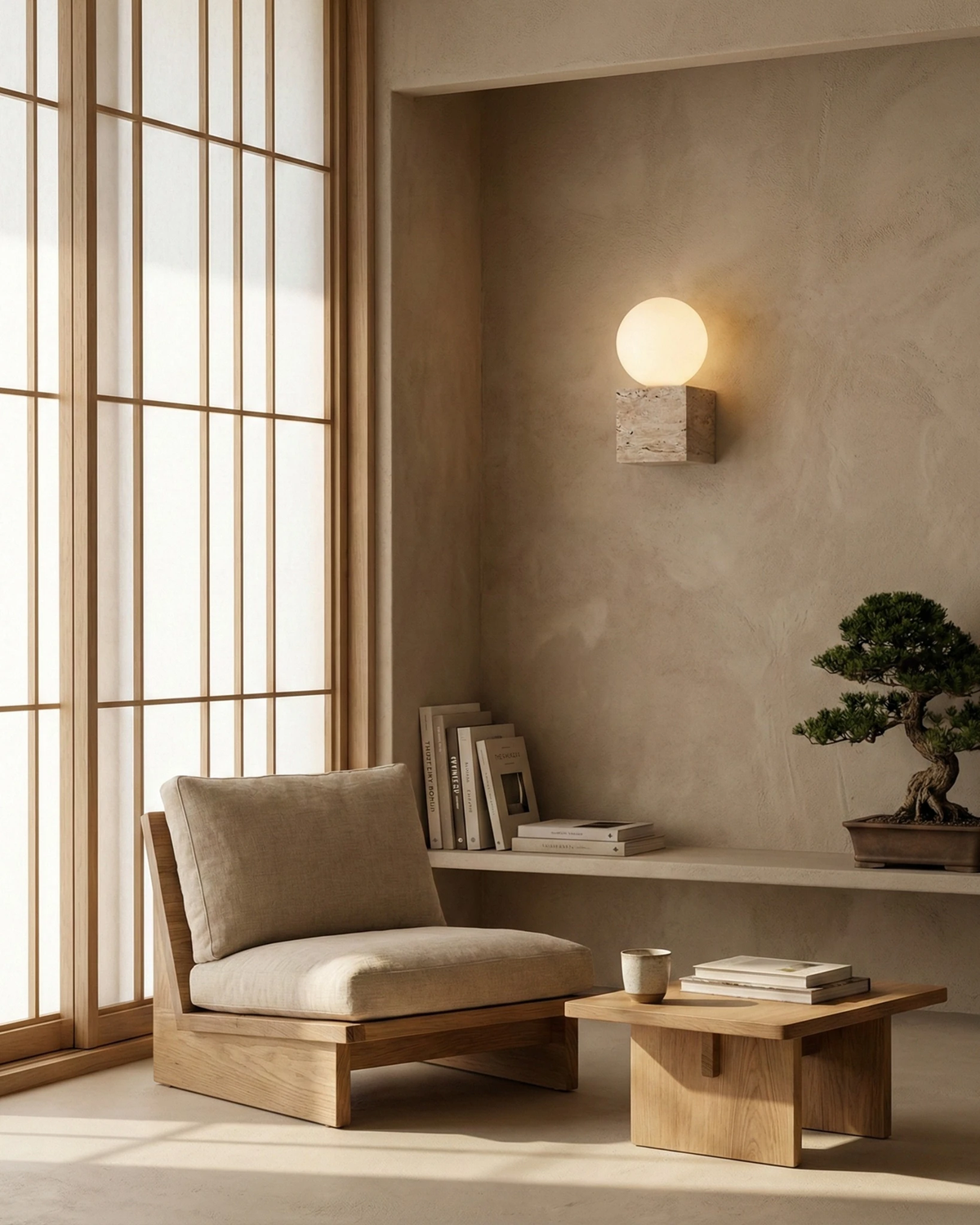Travertine vanity light MODENA No.01 lit in a wall niche above an armchair with a bonsai and shoji screen