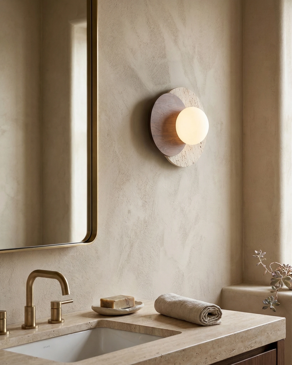 Travertine wall sconce AVORIO No.02 lit on a plaster wall beside a mirror above a travertine vanity with a brass faucet