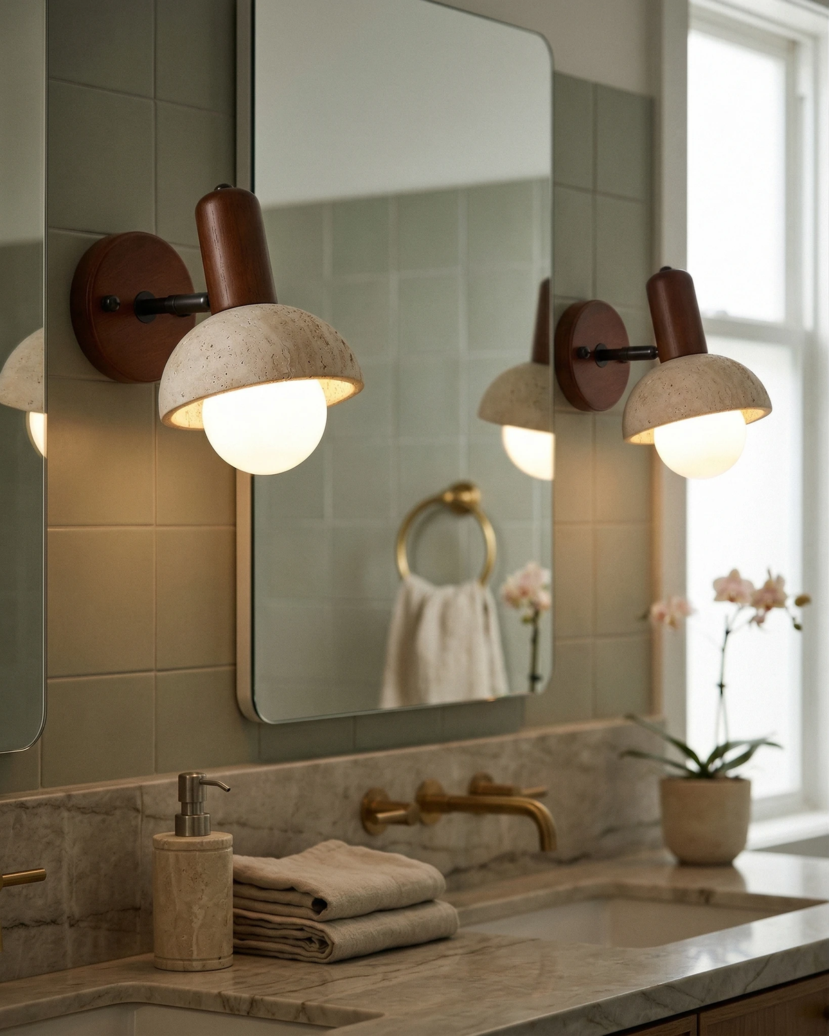 Travertine wall sconce CONA No.01, two dome heads with opal globes lit over a sink and mirror on a tiled bathroom wall