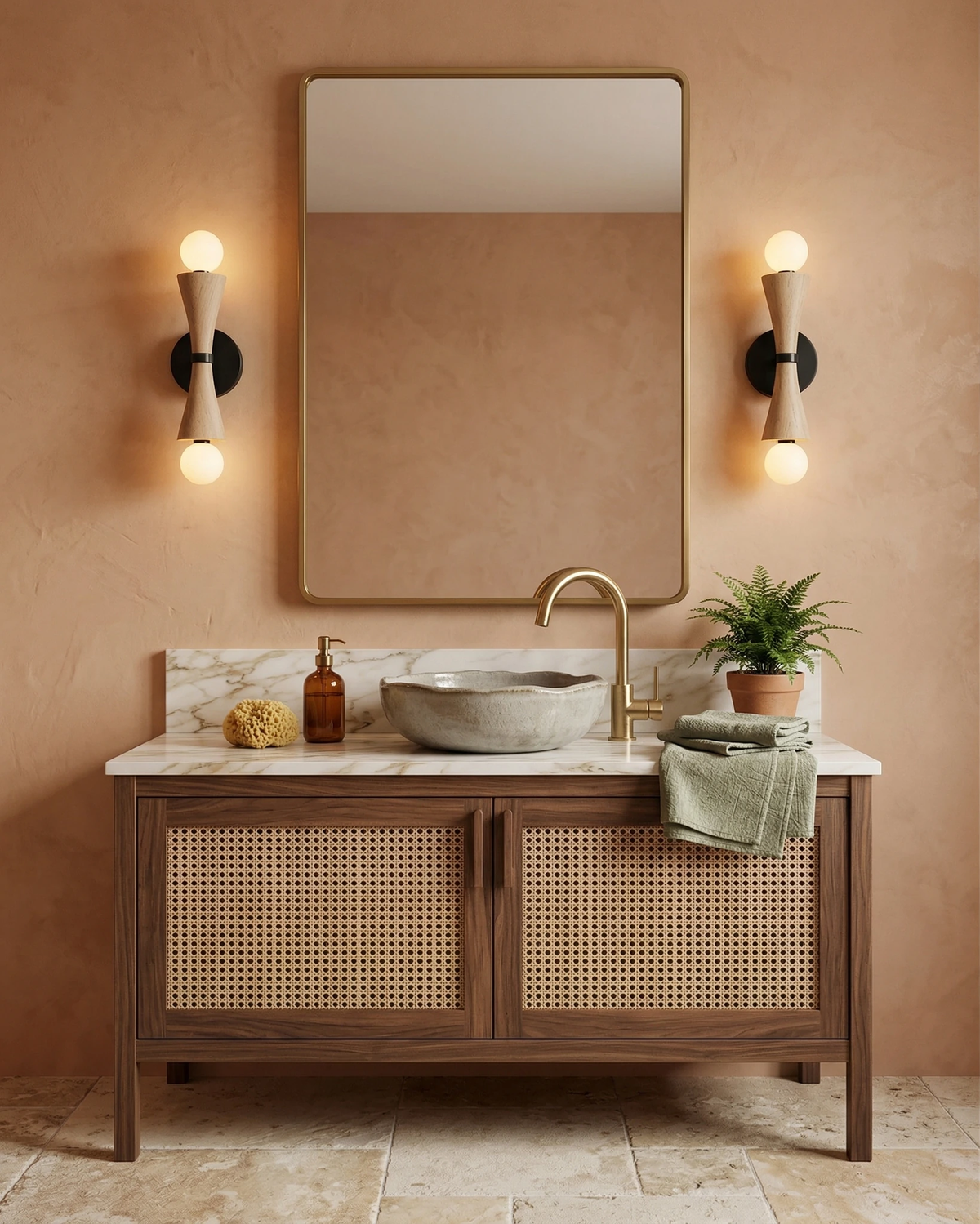 Pair of travertine wall sconces VETTA No.01 lit beside a mirror above a stone basin and rattan vanity