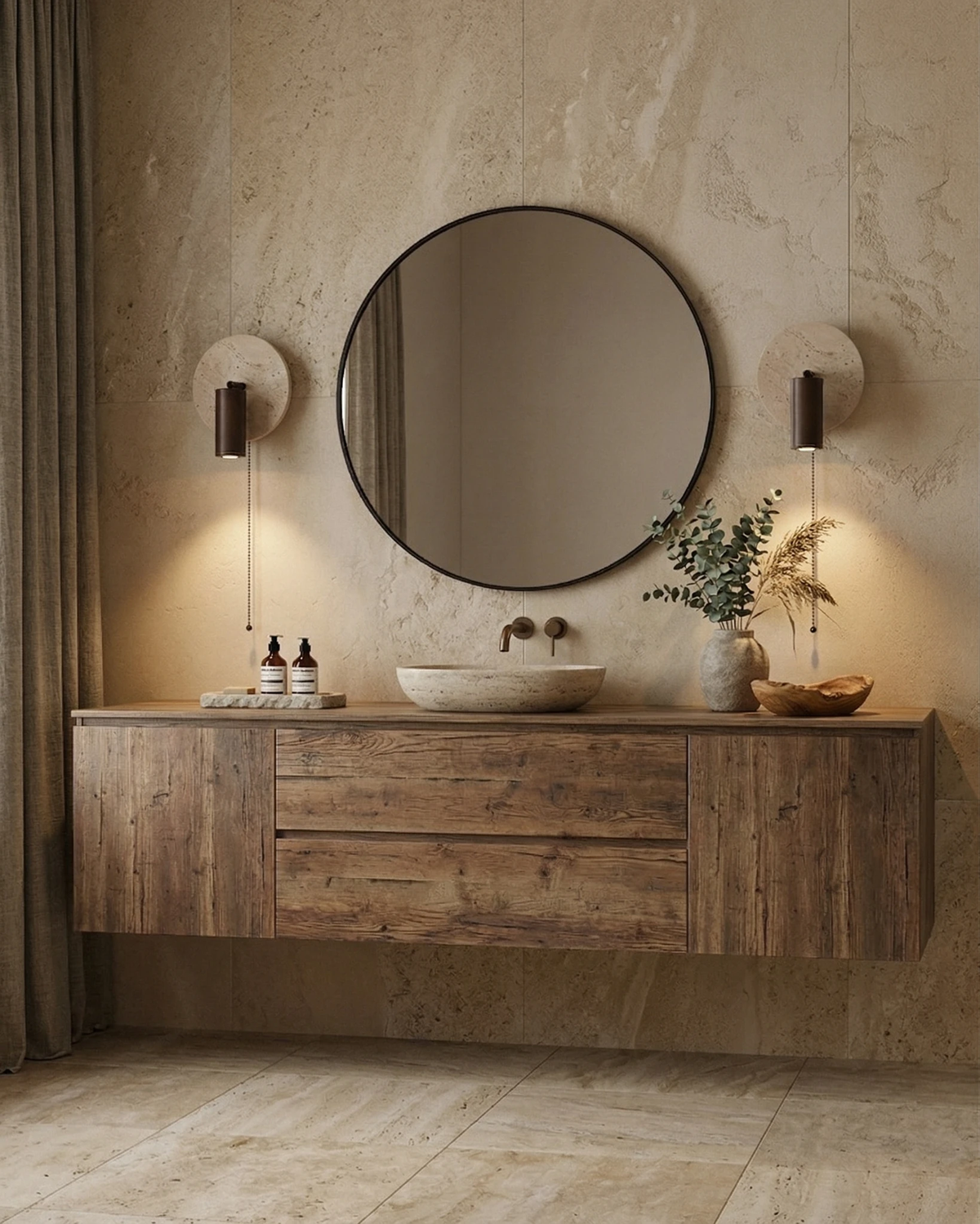 Travertine wall sconces VITRU No.03, two lit units flanking a round mirror over a floating wood vanity with a vessel sink