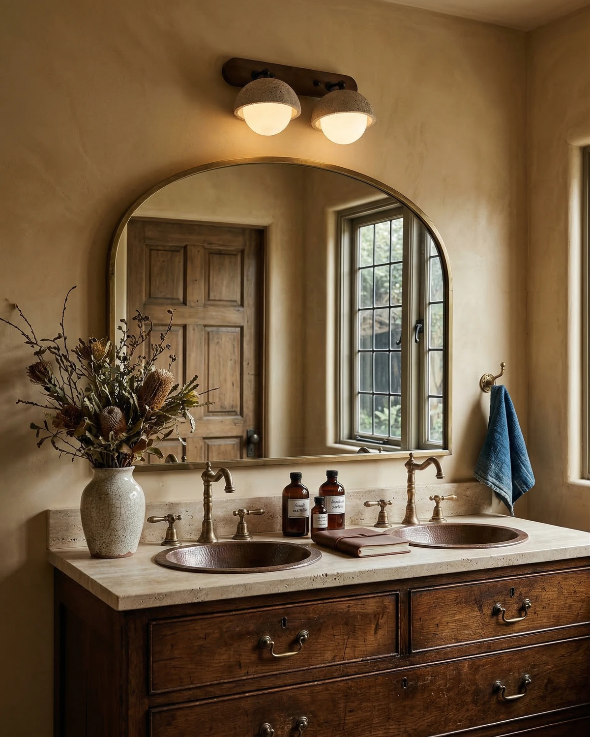 Travertine wall sconce AURA No.02 double globe switched on above an arched brass mirror and an antique wood vanity