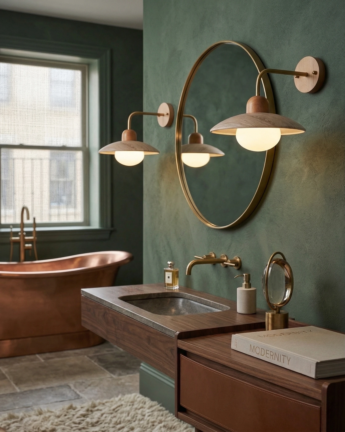 Travertine wall sconce IVERA No.01, two units lit either side of a round mirror above a walnut vanity with a copper tub