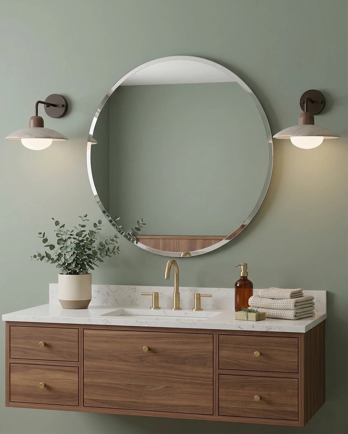 Travertine wall sconce IVERA No.01, pair lit flanking a round mirror above a floating walnut bathroom vanity