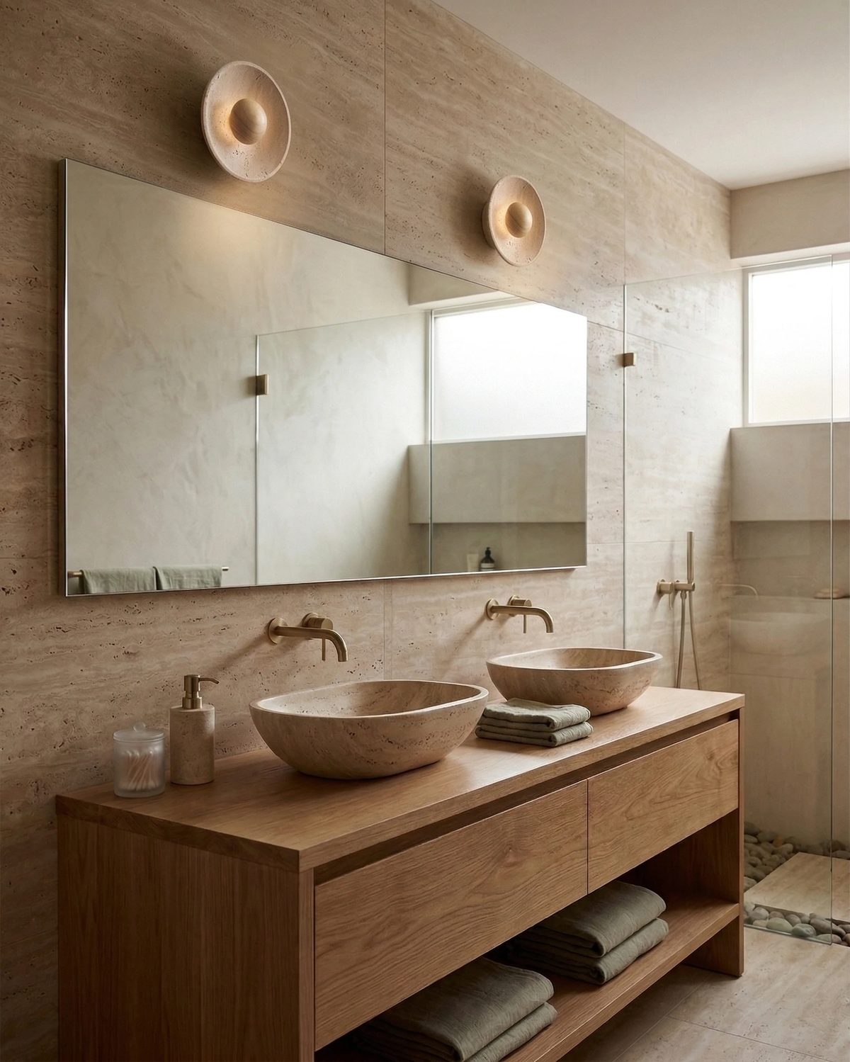 Two travertine wall sconces PRATO No.01 above a wide mirror over an oak vanity with stone basins