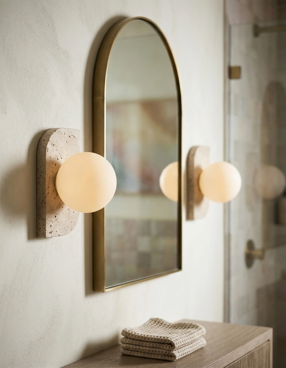 Travertine wall sconce PRATO No.03 single globe lit beside an arched brass mirror above a vanity with towels