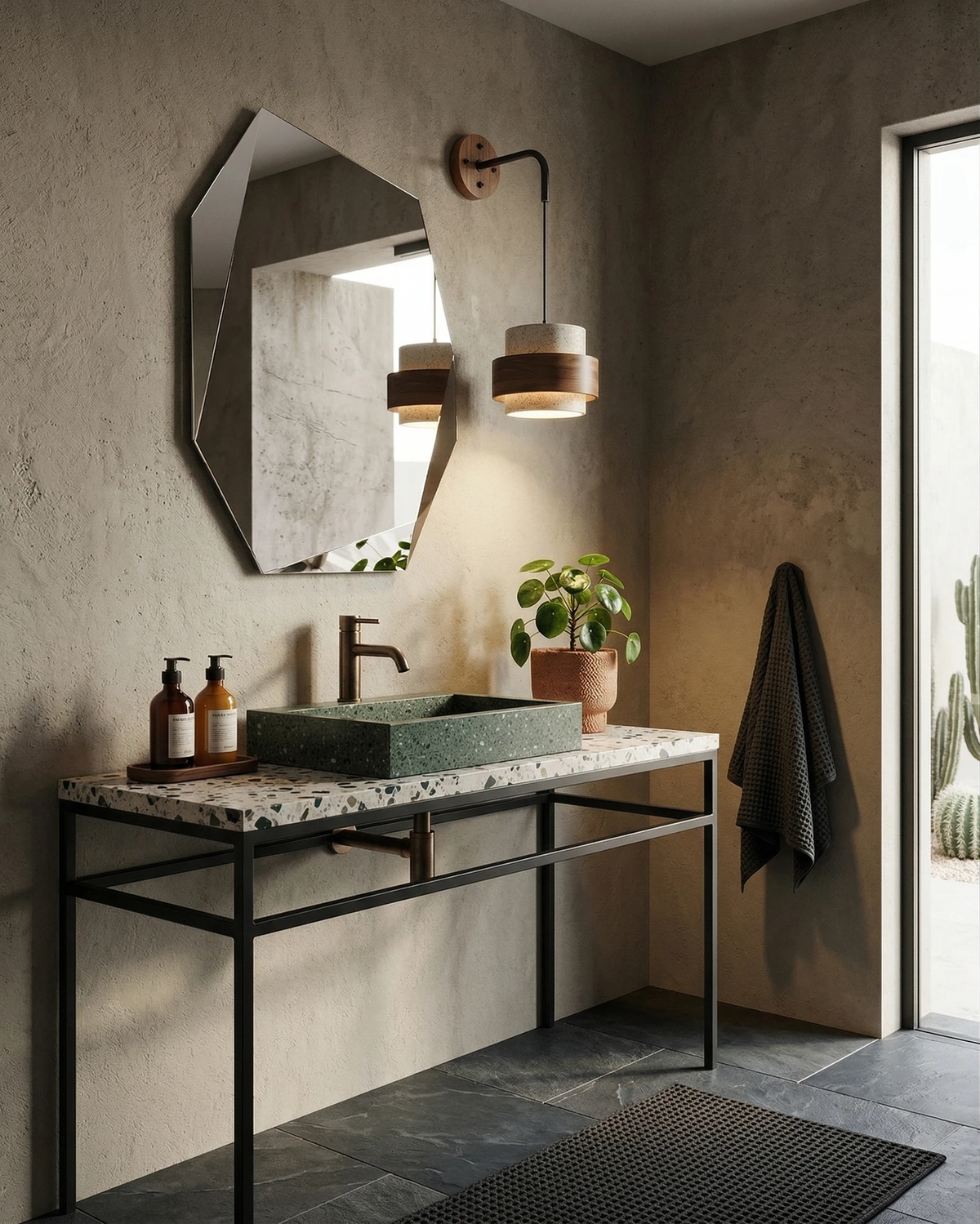 Travertine wall sconce TIVOLI No.02 switched on beside a hexagonal mirror above a terrazzo basin on a black stand