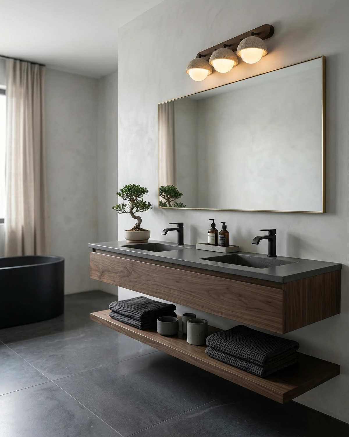Travertine wall sconce AURA No.02 triple globe lit over a wide mirror and floating walnut double vanity with a black tub