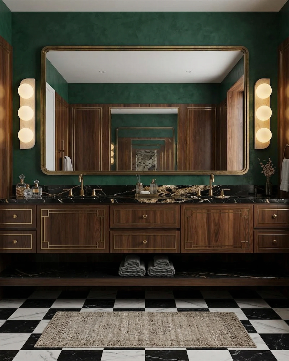 Two travertine wall sconces PRATO No.03 triple globe flanking a mirror in a green bathroom with a dark wood vanity