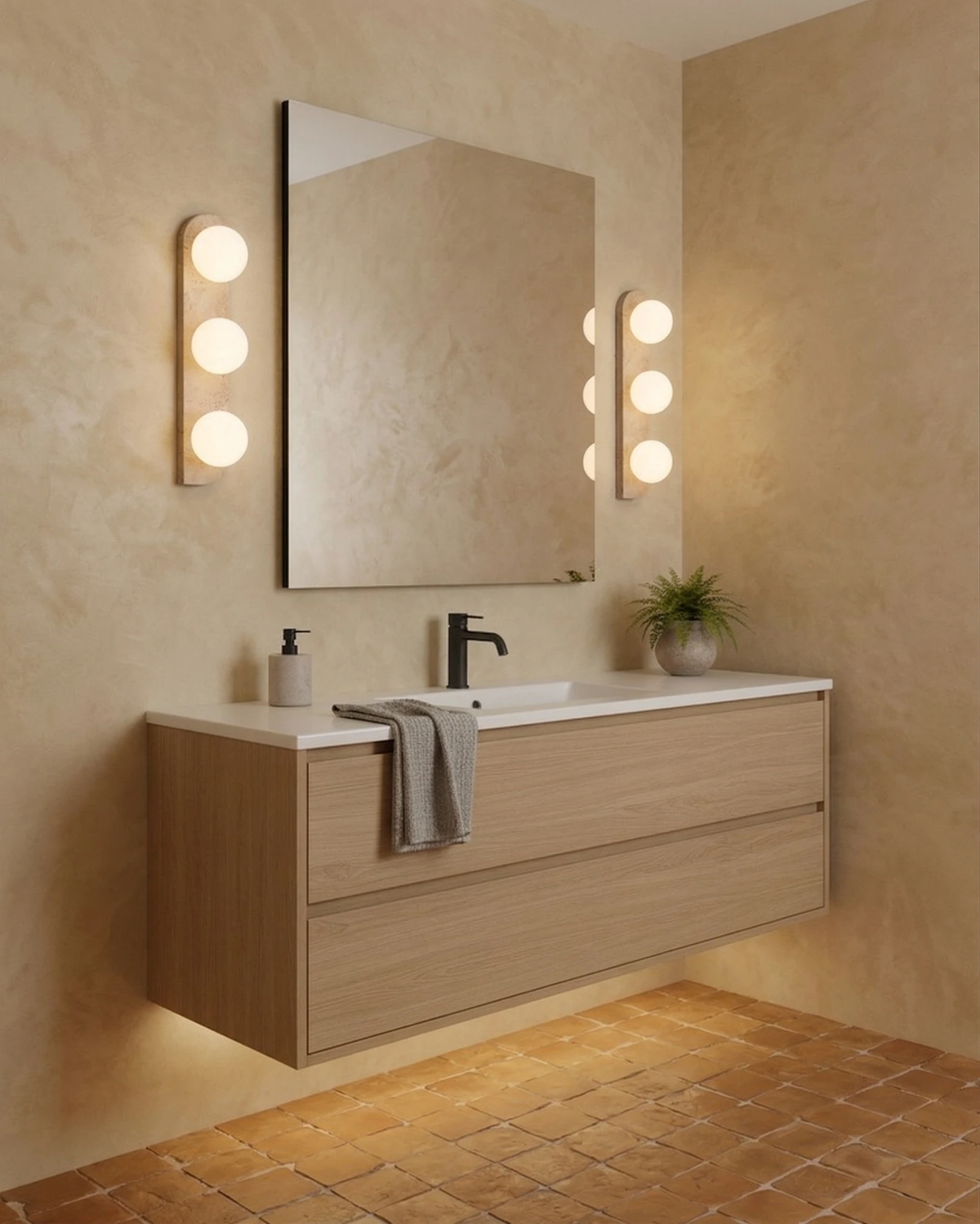 Pair of travertine wall sconces PRATO No.03 triple globe lit beside a mirror above a floating oak vanity