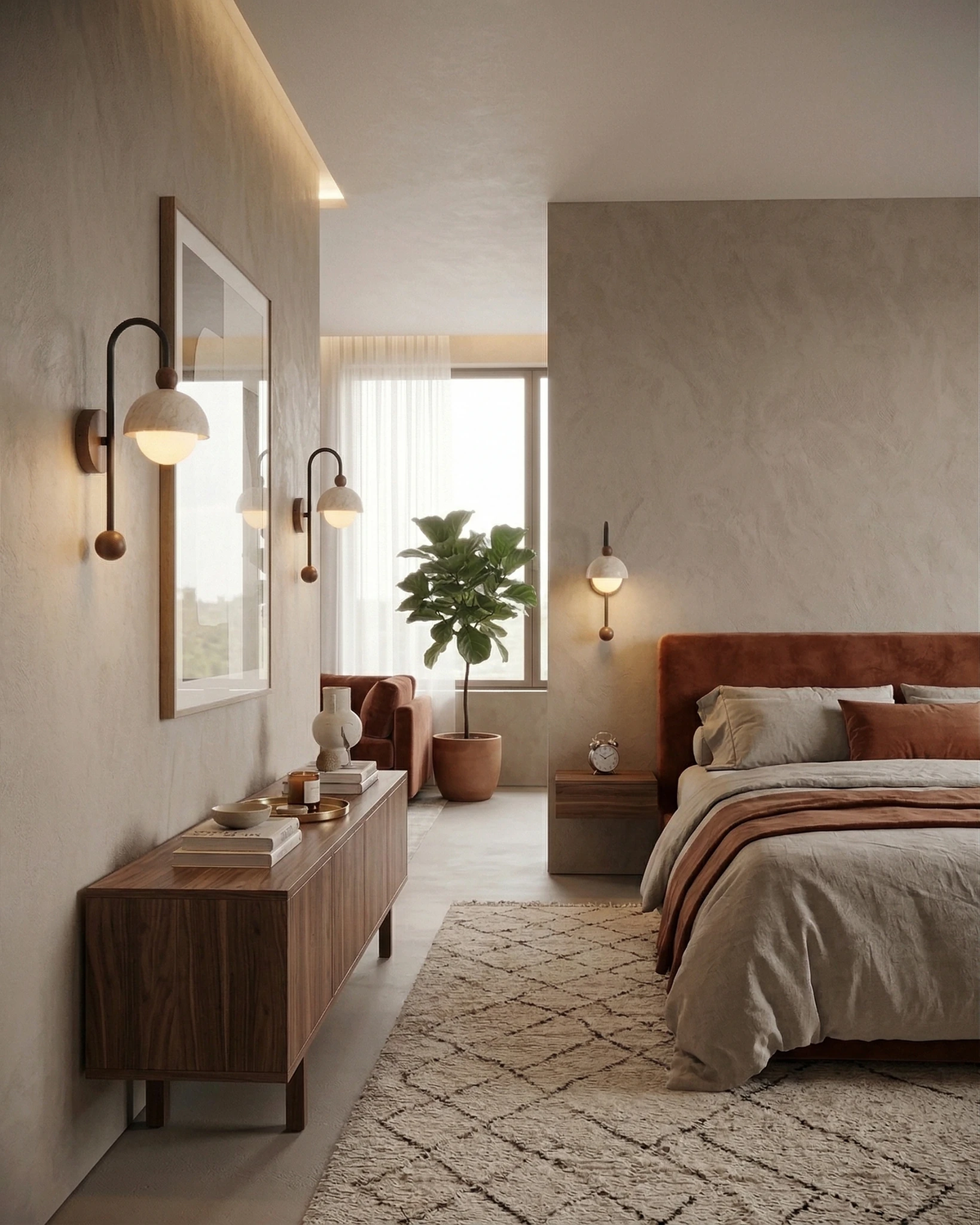 Travertine wall sconce IBLA No.01, two arched iron sconces lit above a walnut dresser in a bedroom with a rust headboard