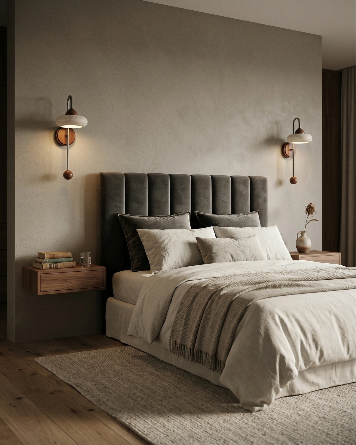 Travertine wall sconce BASSO No.01, a lit pair flanking a gray velvet headboard with floating nightstands