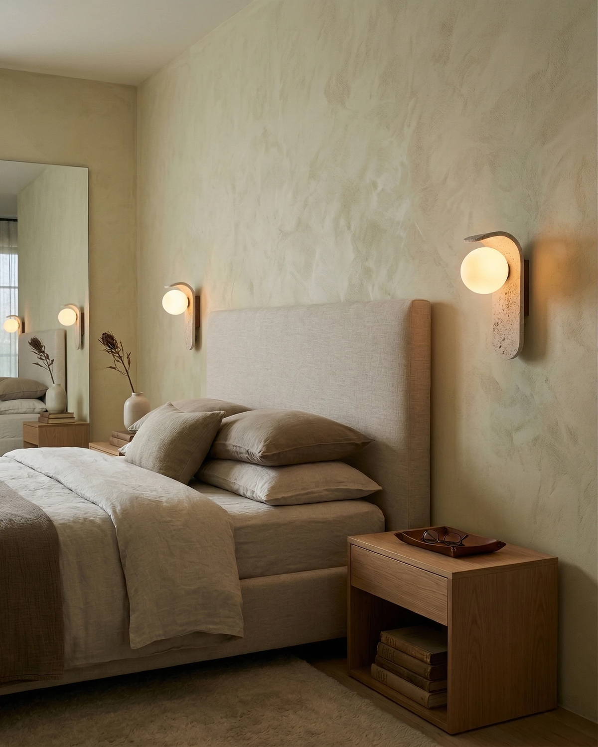 Two travertine wall sconces ARCO No.01 lit on either side of a bed with a beige headboard and oak nightstand