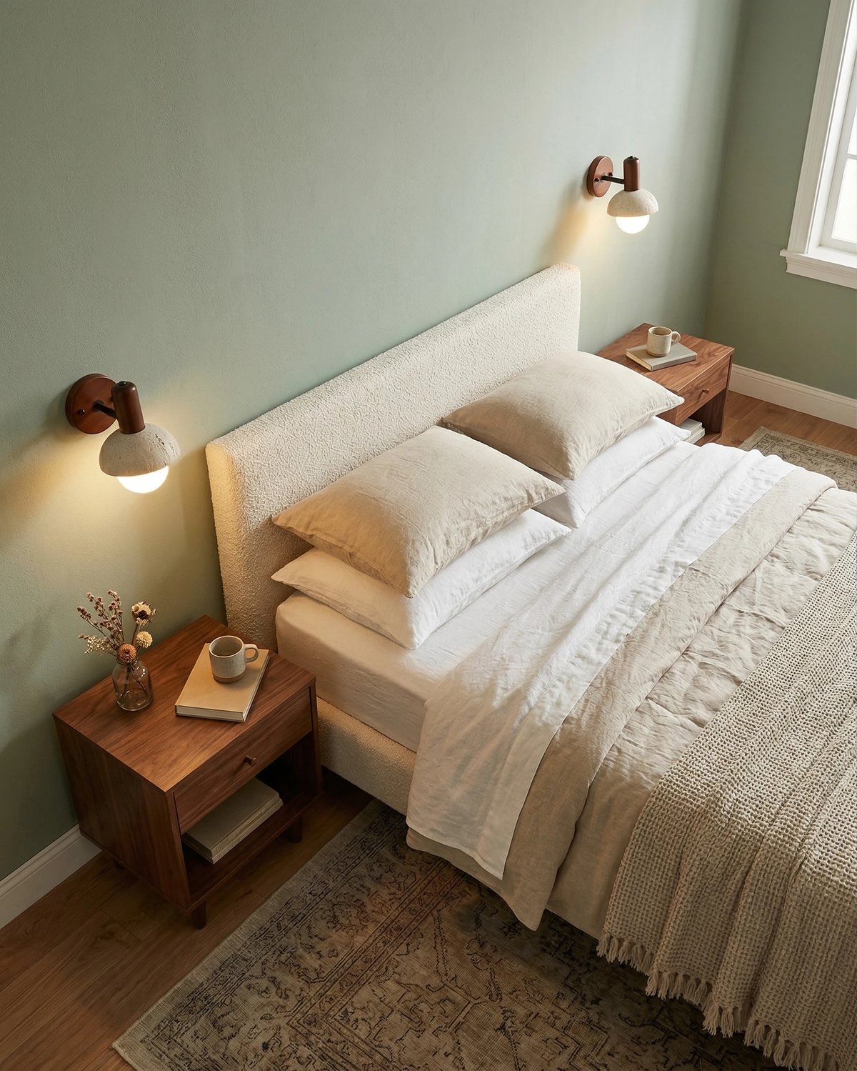 Travertine wall sconce CONA No.01 with opal globe, lit above a walnut nightstand beside a bed with a sage wall