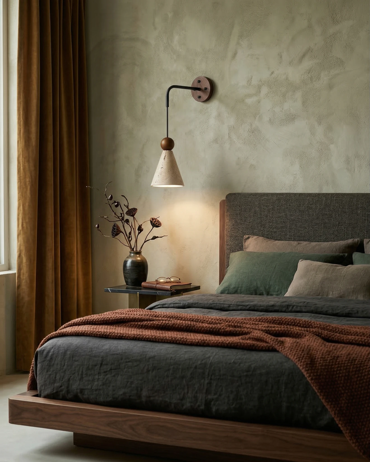 Travertine wall sconce CORTO No.01 on an arm glowing above a gray upholstered bed with a rust throw and curtains