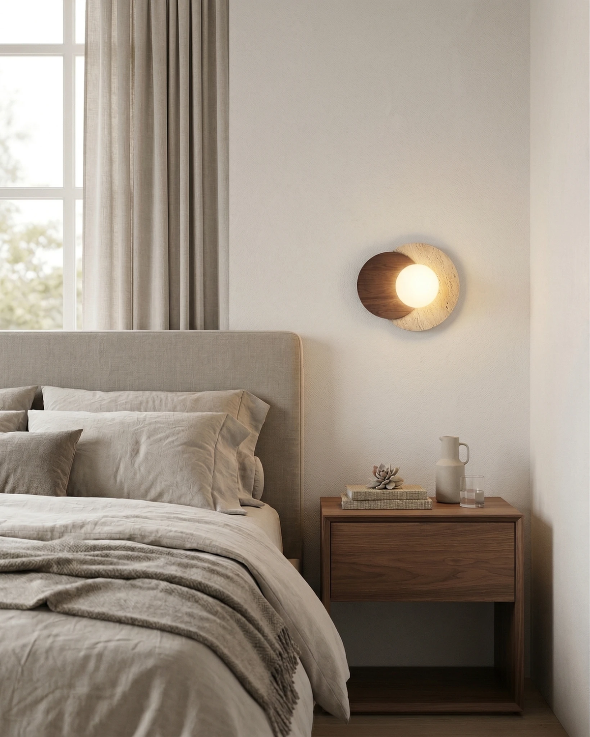 Travertine wall sconce AVORIO No.02 with dark walnut disc lit beside a bed with a grey headboard and nightstand