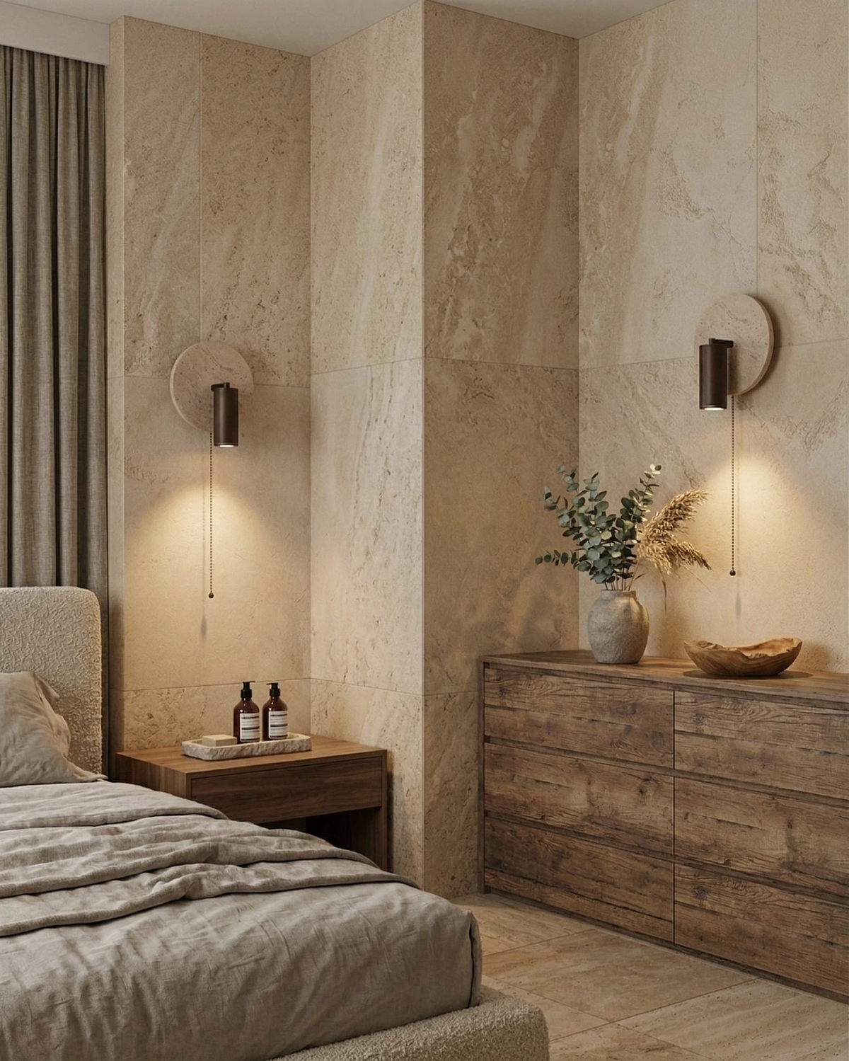 Two travertine wall sconces VITRU No.03 with walnut spotlights lit on stone-clad walls beside a bed and a wood dresser