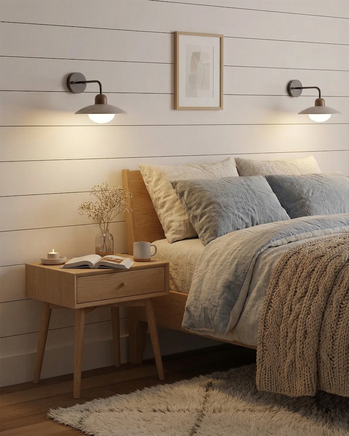 Travertine wall sconce IVERA No.01, two units lit on a white shiplap wall above a bed with blue bedding