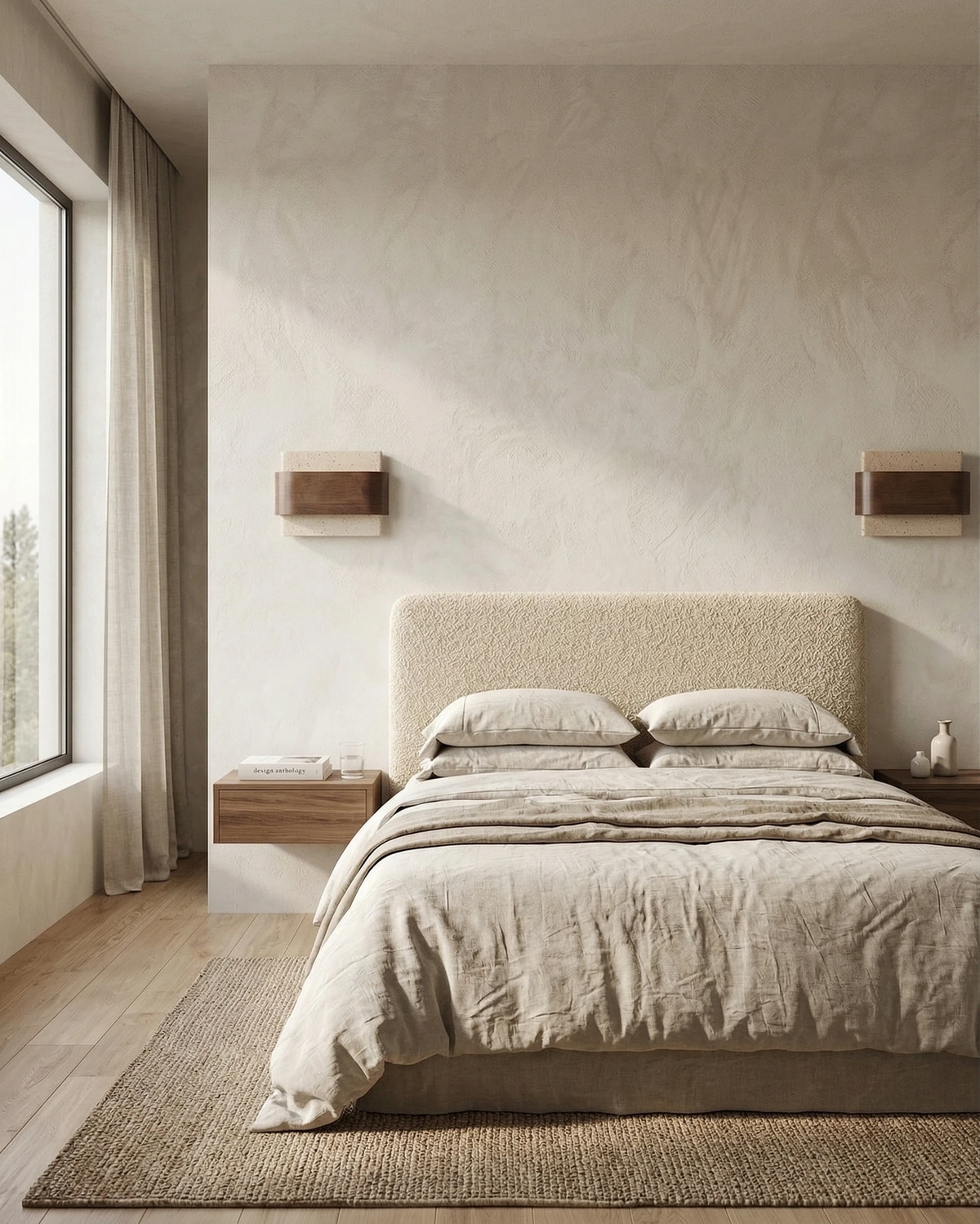 Travertine wall sconce MASSO No.01, two units mounted either side above a boucle headboard in a bright bedroom