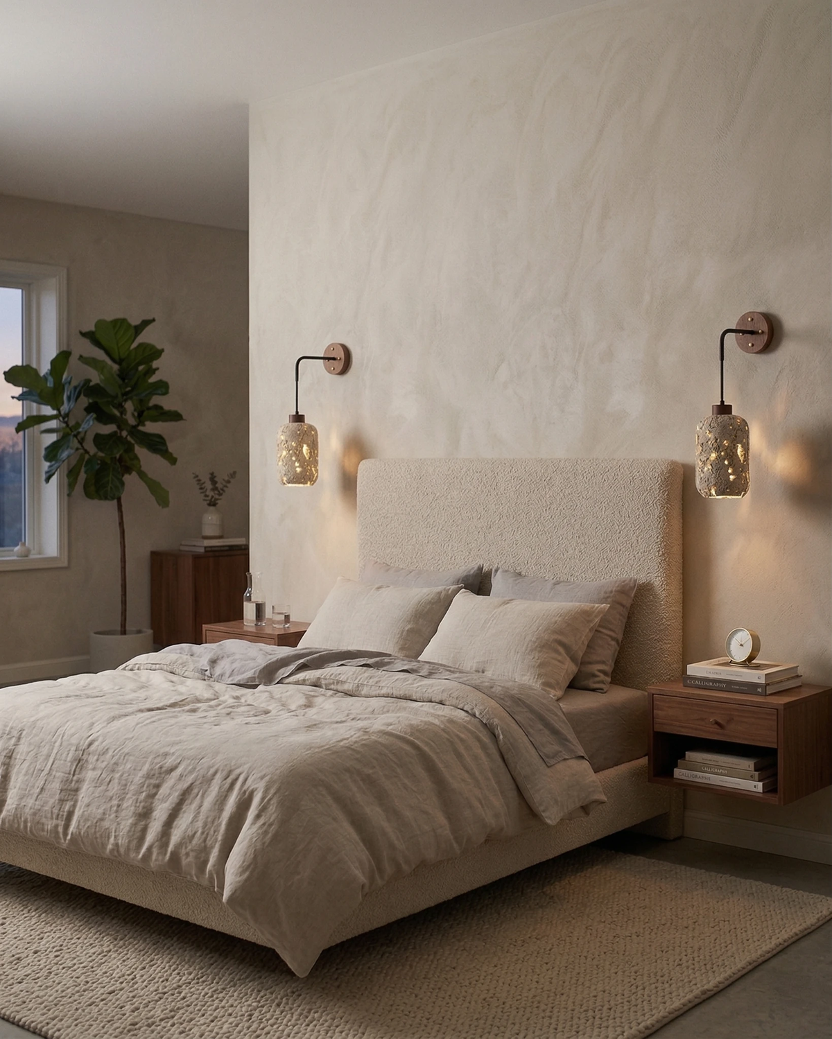 Travertine wall sconce OLTRE No.01, two lanterns lit on either side of an upholstered headboard with walnut nightstands