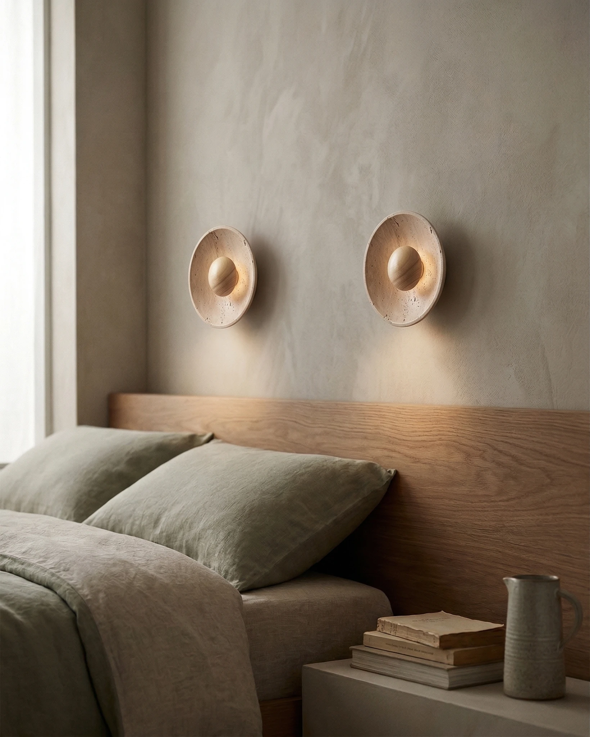 Two travertine wall sconces PRATO No.01 lit above an oak headboard with a halo of light on the wall