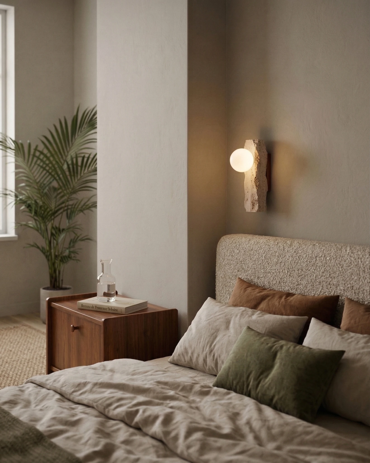 Travertine wall sconce KANSO No.03 switched on above a boucle headboard and walnut nightstand near a palm
