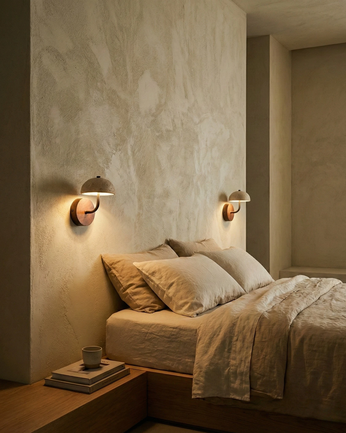 Two travertine wall sconces SIENA No.01 lit on either side of a bed with beige linen bedding