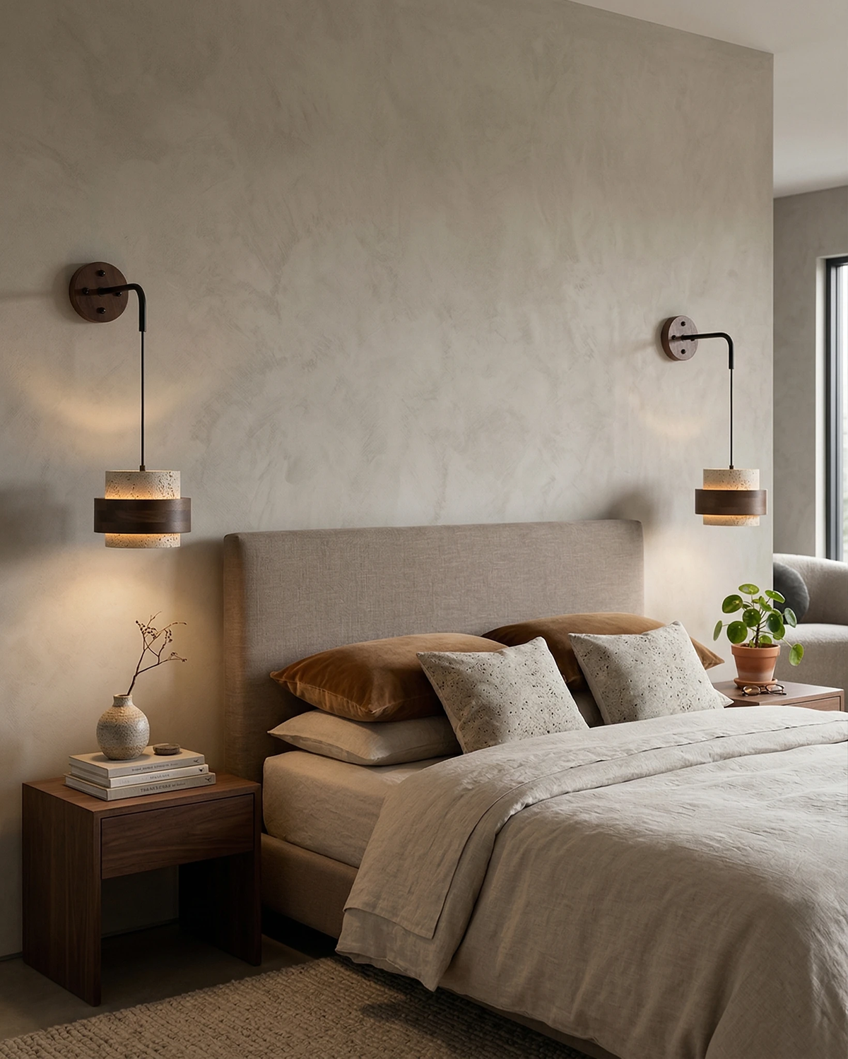 Pair of travertine wall sconces TIVOLI No.02 lit on either side of a bed with a beige upholstered headboard