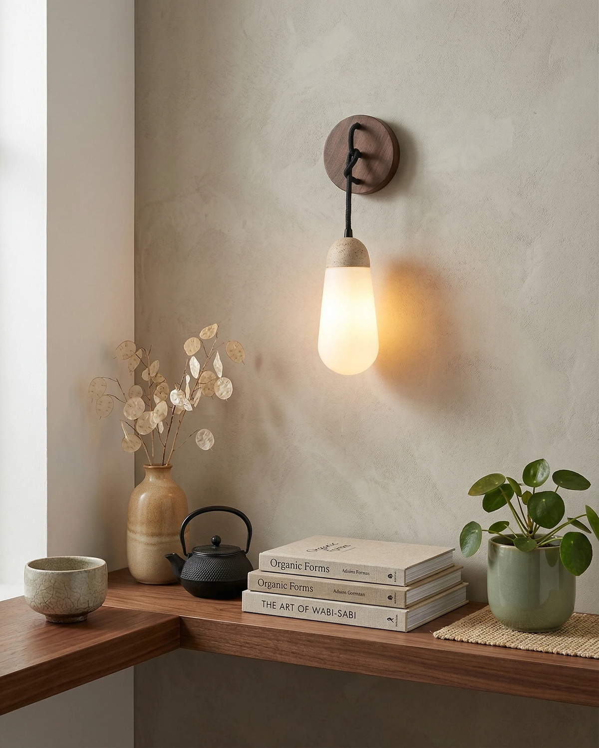 Travertine wall sconce CORTO No.02 glowing above a wooden corner shelf with books, a teapot and a plant