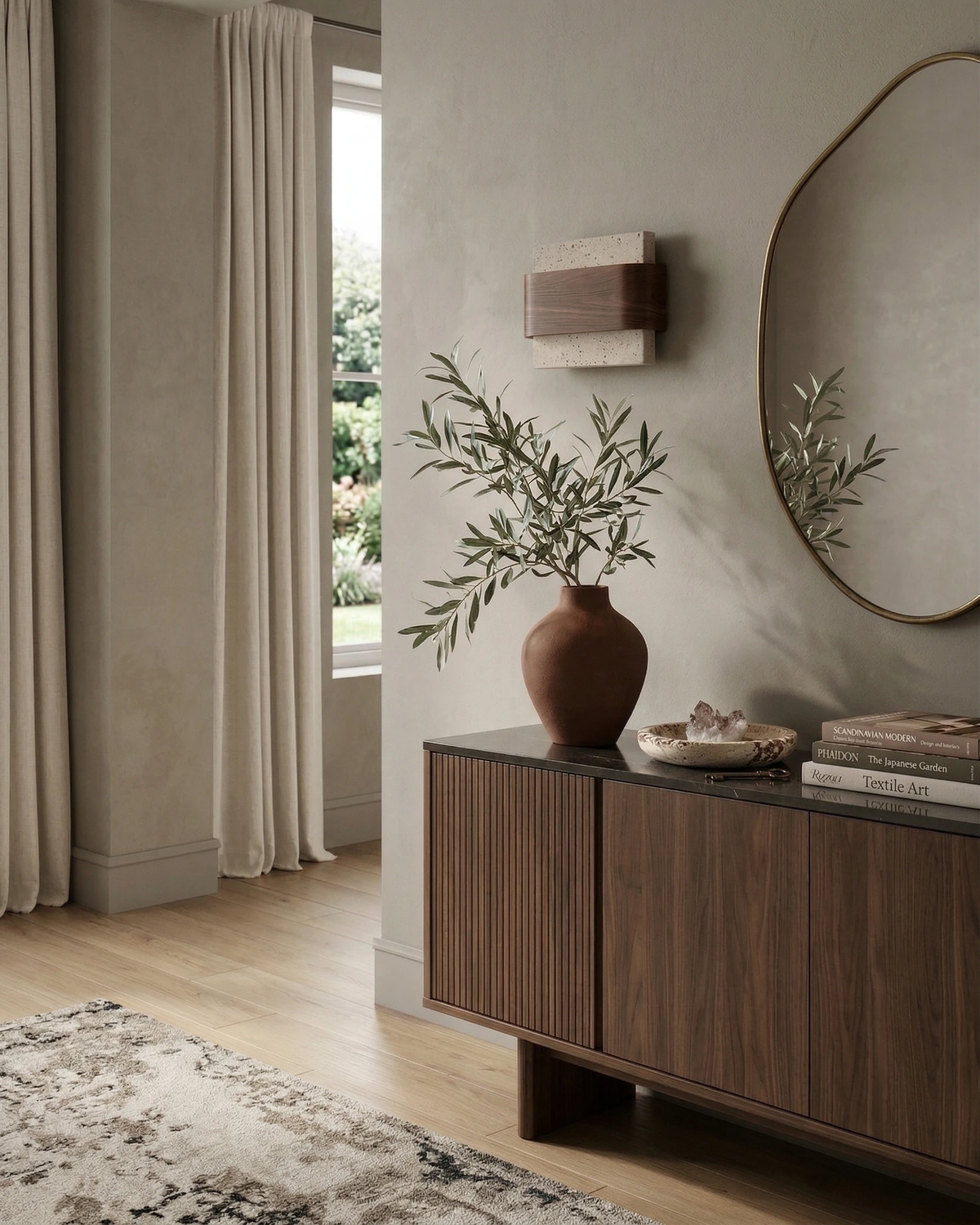 Travertine wall sconce MASSO No.01 beside an organic mirror above a walnut sideboard with a terracotta vase